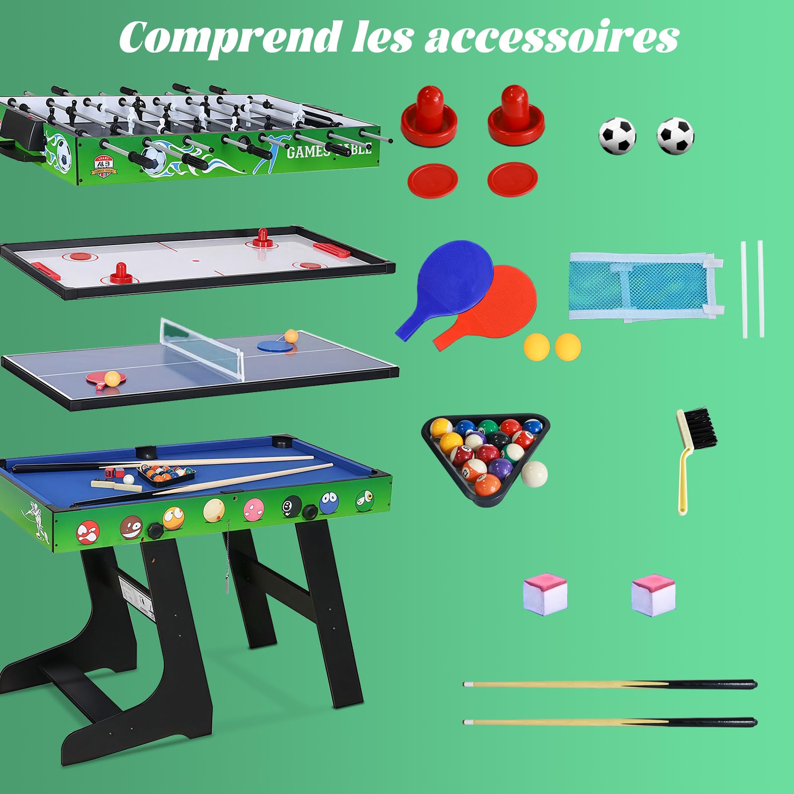 Table multijeux 4 en 1 - Babyfoot de 1,2 m/Air Hockey/Ping-Pong avec Accessoires/Billard Pliable - Idéal pour Une soirée Jeux en Famille en intérieur (103 x 58 x 73 cm).