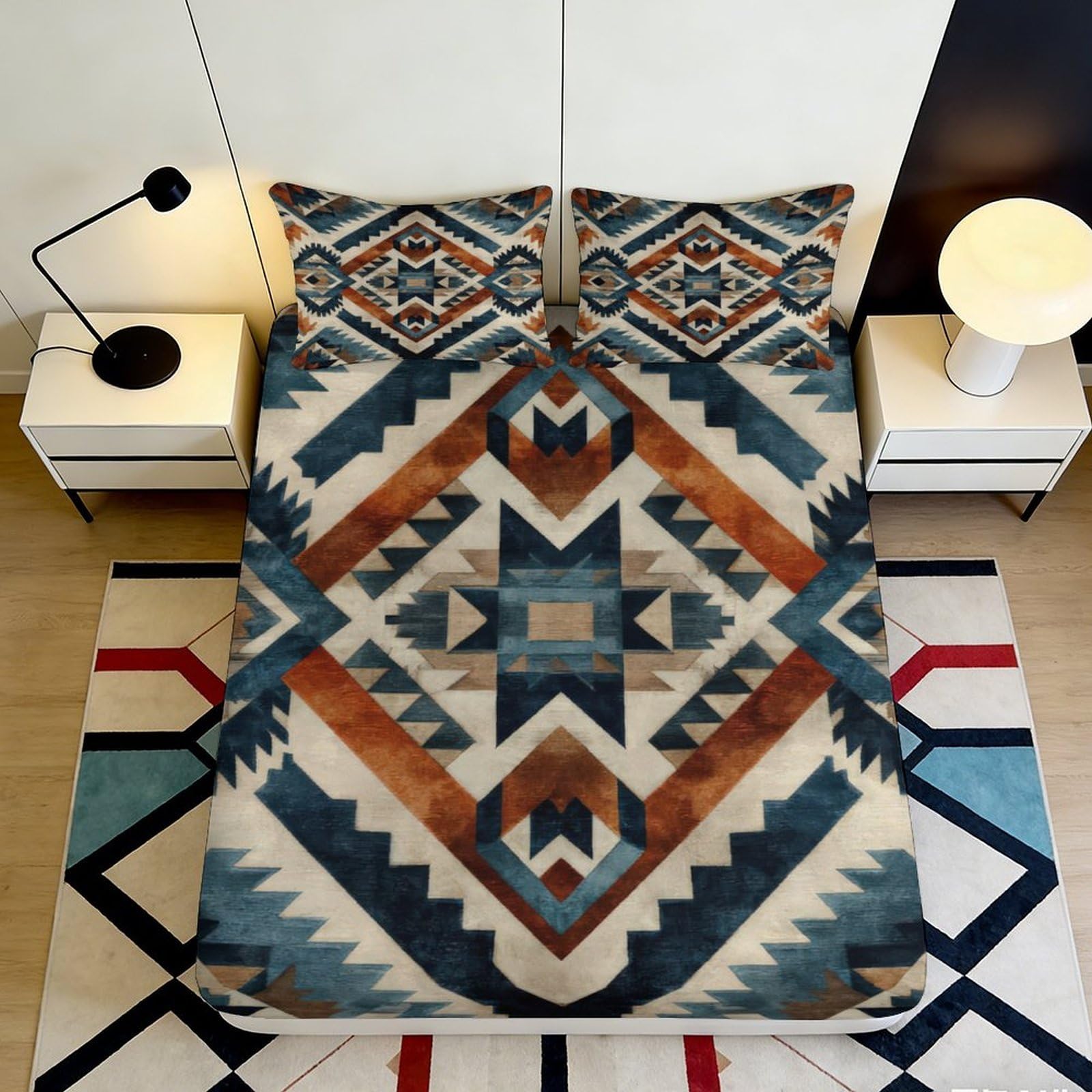 3D Printed Aztec Geometric Fitted Sheet Microfiber Soft Breathable Navajo Mattress Cover Bedroom Decor 90x200x25cm