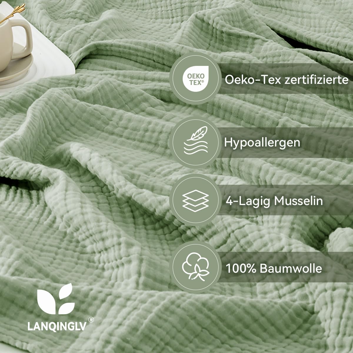 Lanqinglv Manta de muselina 150x200cm de algodón, manta de 4 capas de muselina, manta de verano verde certificada Oeko-Tex, manta para sofá y cama, para el hogar y para acurrucarse, manta de algodón