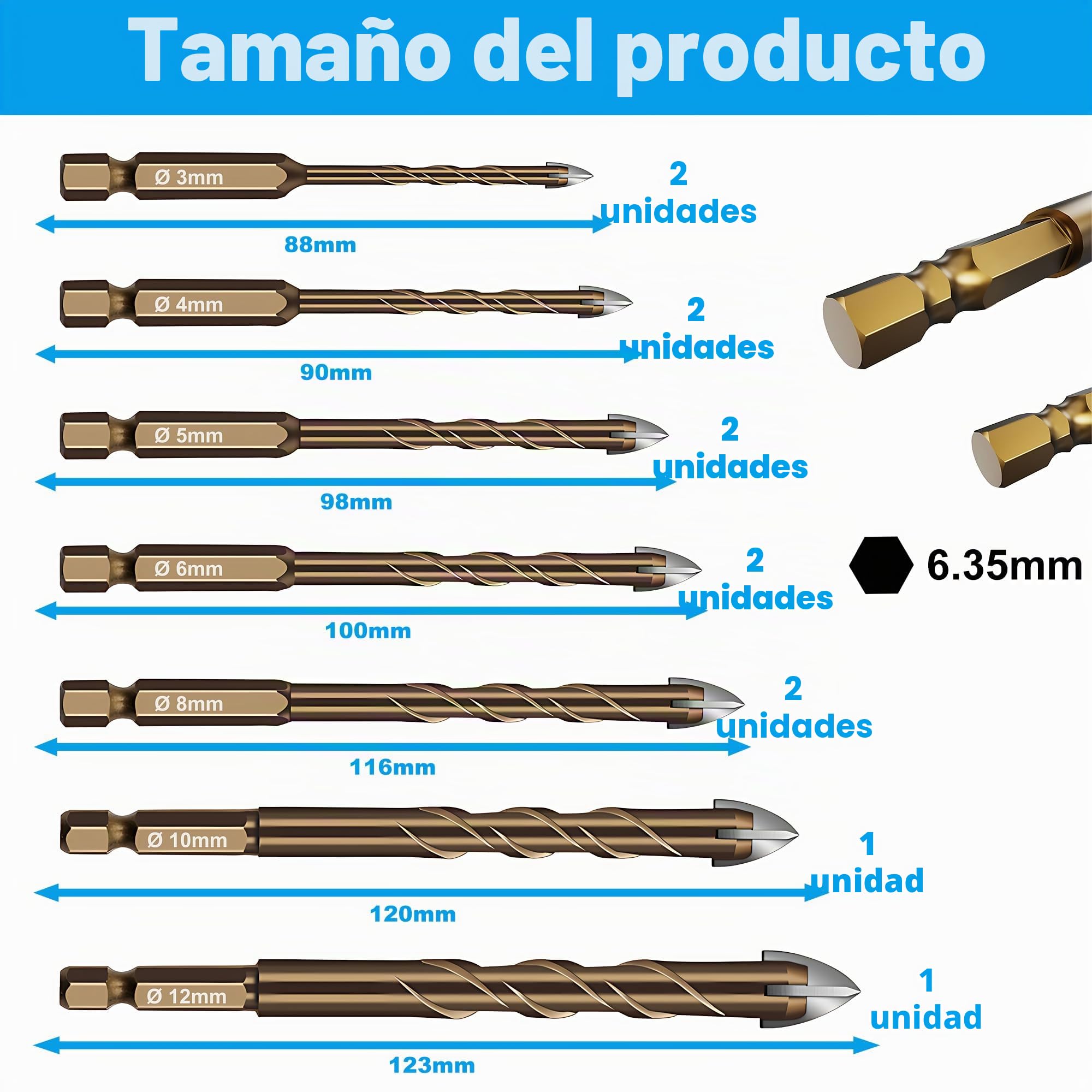 12 Piezas Brocas Porcelanico, Broca Ceramica Ø 3-12 mm, Juego Hexagonal Brocas para Azulejos, Metal, Pared, Ladrillo, Vidrio, Plástico, Madera