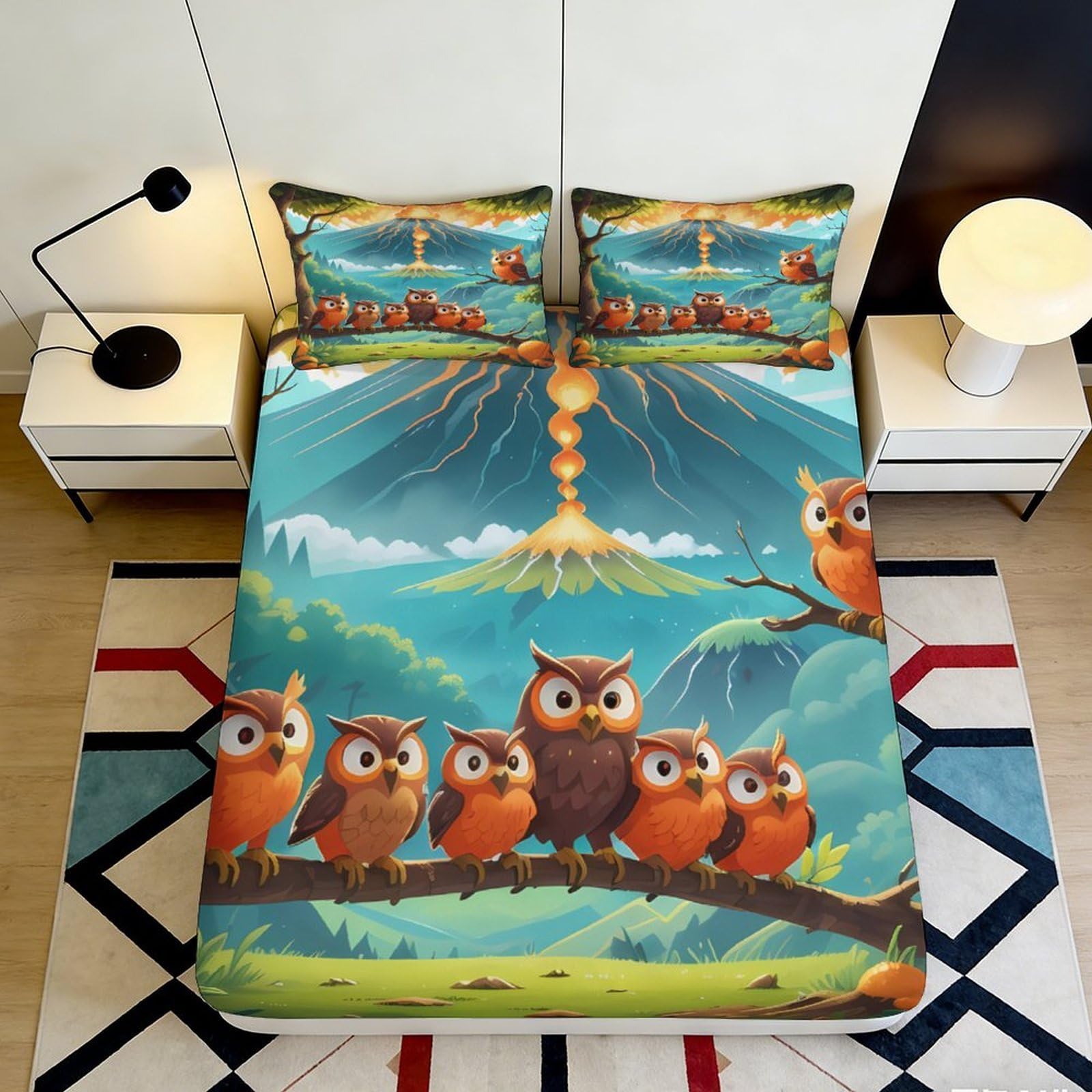 3D Printed Colorful Owl Pattern Fitted Sheet Microfiber Soft Durable Volcanic Landscape Bed Cover for Bedroom Dormitory Guest Room Mattress Protection 120x200x25cm