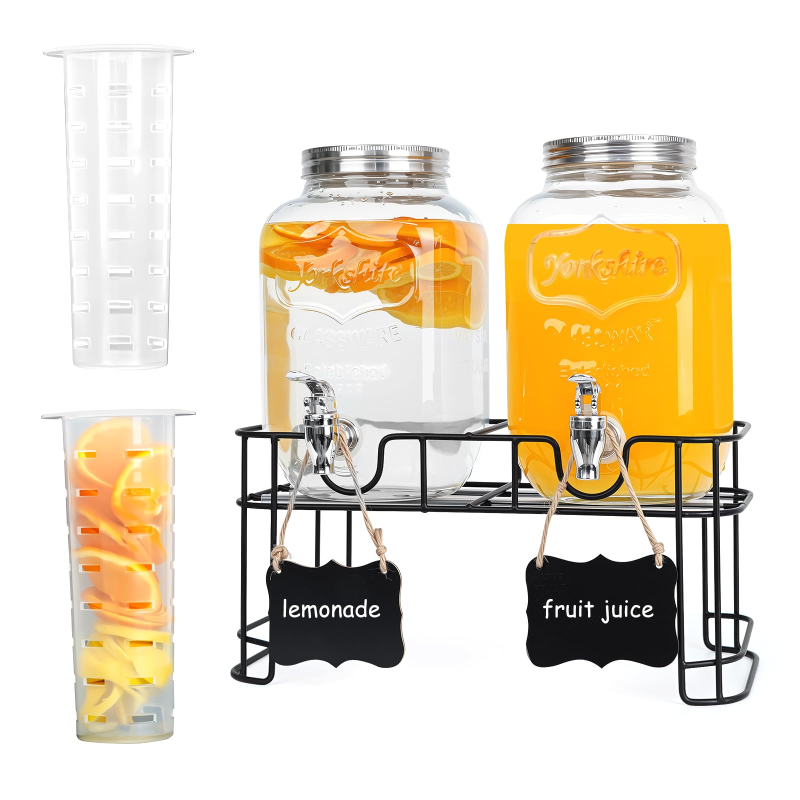 2-Pack 1 Gallon Glass Drink Dispensers for Parties - Leak-Proof Beverage Dispenser with Stand, Spigot, Ice Cylinder & Chalkboard Labels - Perfect for