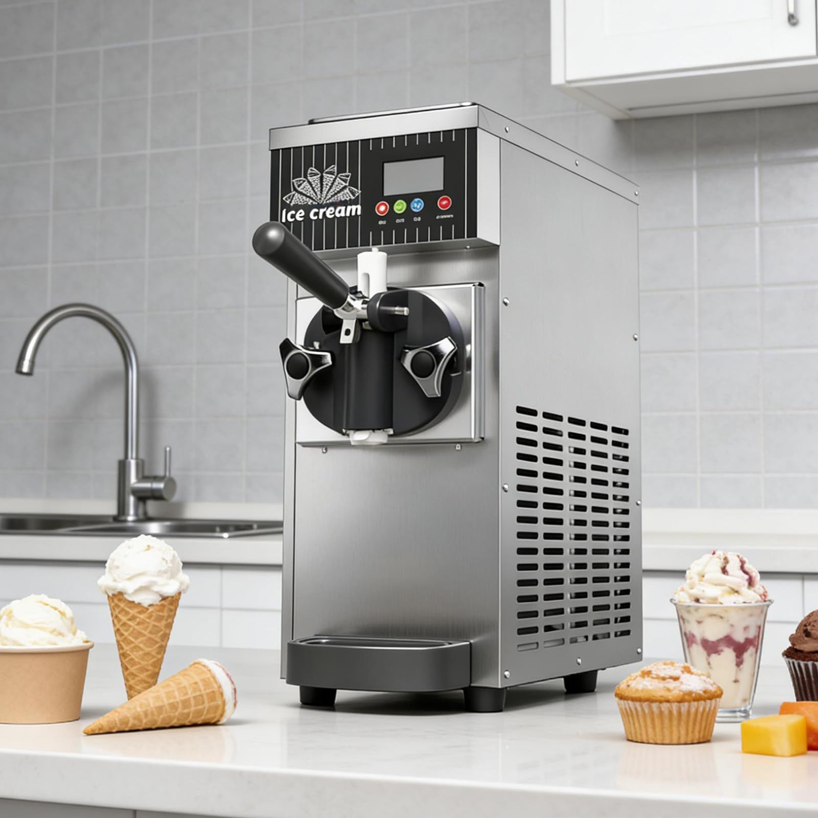 XUXIAO Commercial Soft Serve Ice Cream Maker, Single Flavor Ice Cream Machine, Countertop Dessert Maker, with Pre-Cooling,Auto Clean, for Restaurants and Shops​ Silver