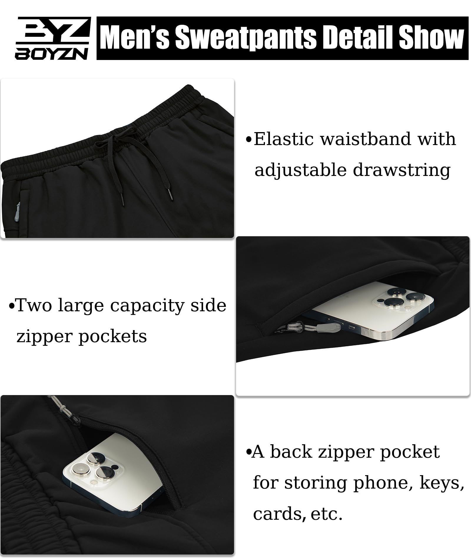 Boyzn Herren Winter Fleece Skihose mit Reißverschlusstaschen Warme Sweatpants Sonnenschutzhose Black-L