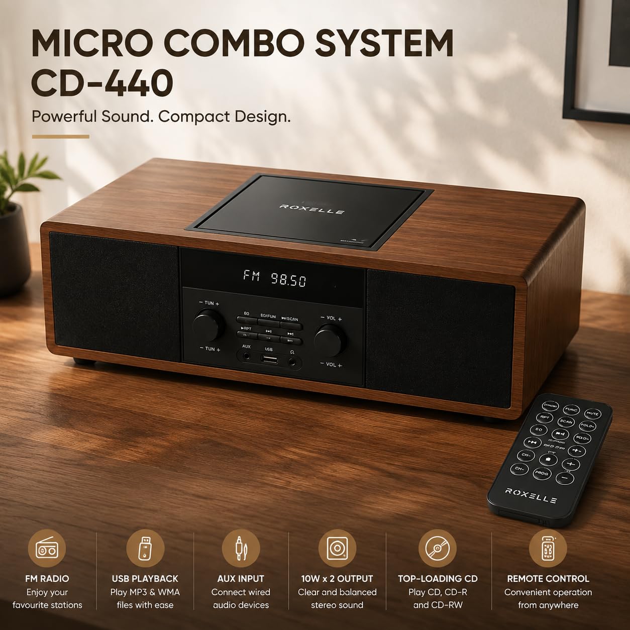 ROXELLE Sistema Hi-Fi compatto CD-440 con lettore CD, Bluetooth, radio FM, riproduzione MP3 USB, AUX e jack per cuffie, 2 altoparlanti stereo da 10 W, telecomando, finitura in legno di noce
