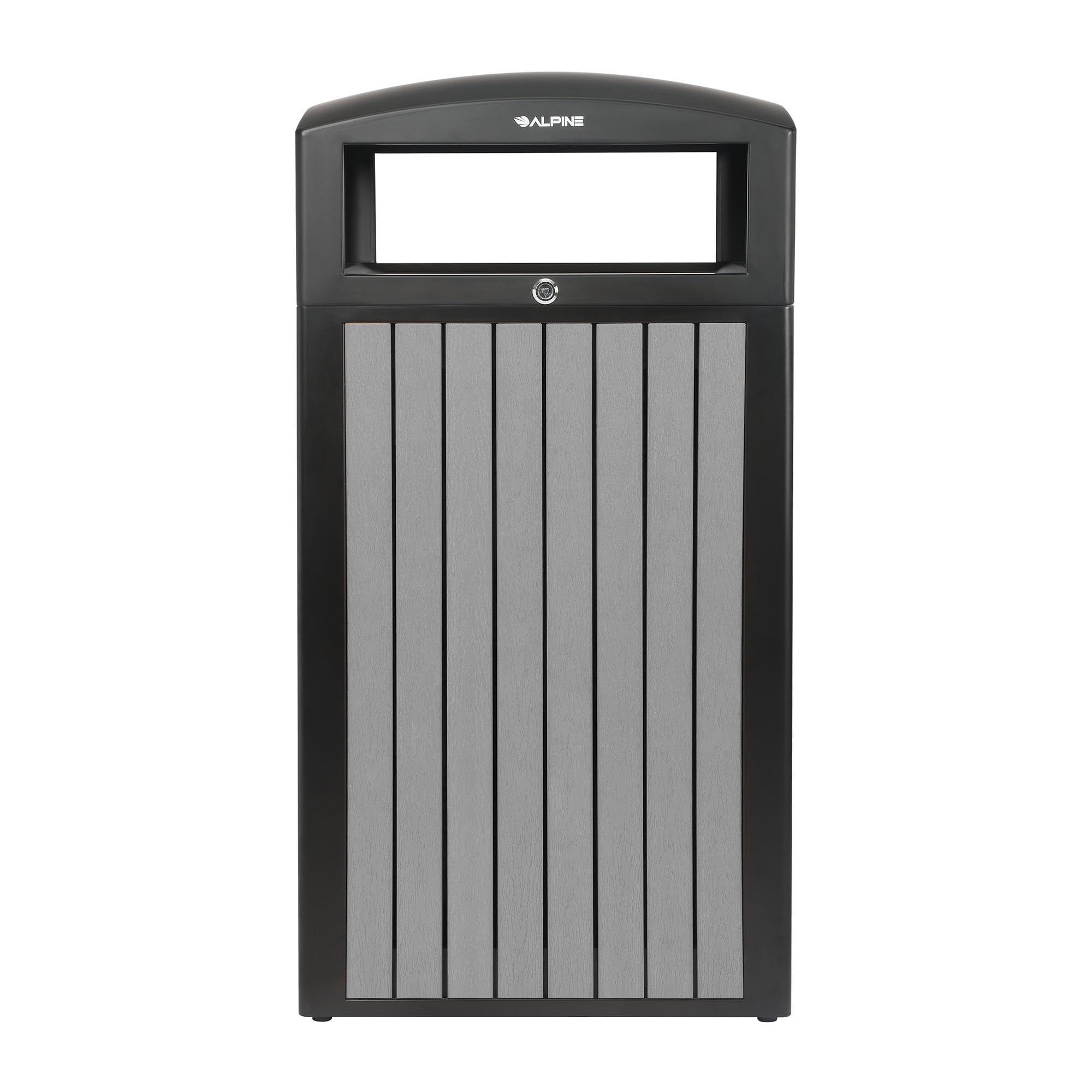 alpine 40 gallon commercial outdoor trash can with lid - modern heavy duty large outdoor garbage can with durable plastic bin, slatted recycled plastic panels for patio, parks, trails & resorts (grey)
