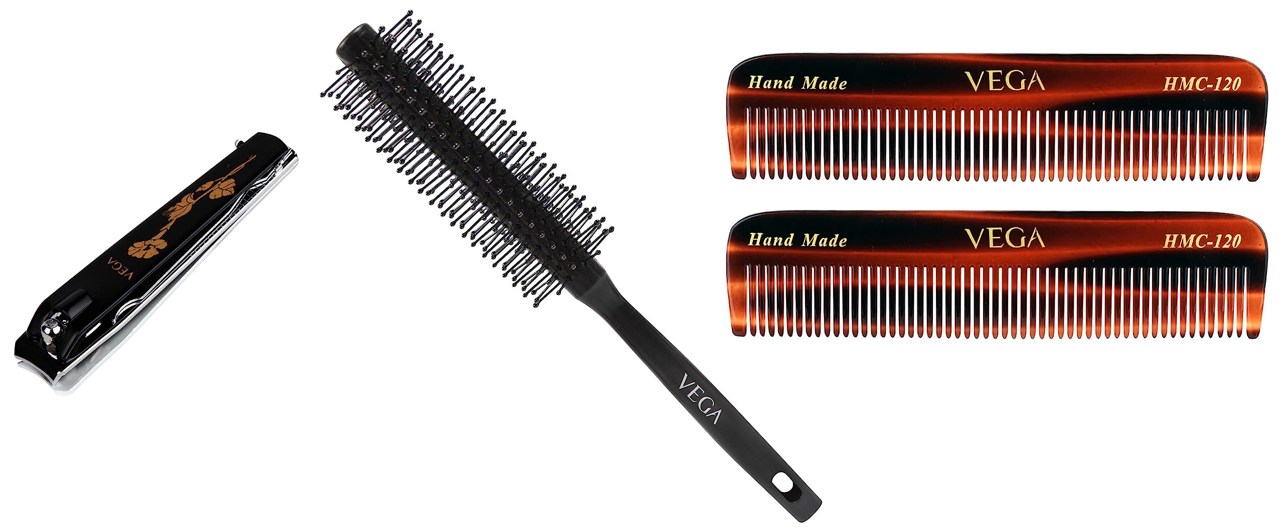 VEGA Pocket Comb, Brown (Pack of 2), Round Brush for Men & Women (R3-RB), Color May Vary & Large Nail Clipper (Black) (LNC-03)