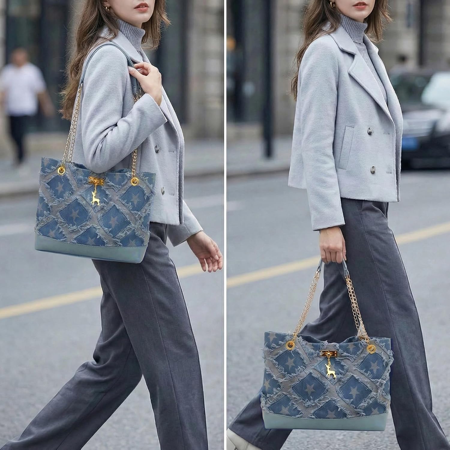 Y2K Denim Shoulder Bag for Women - Large Capacity Tote Jean Purse, Retro Star Pattern Vintage 90s Handbag, Cute Denim Purses for Women - Image 7