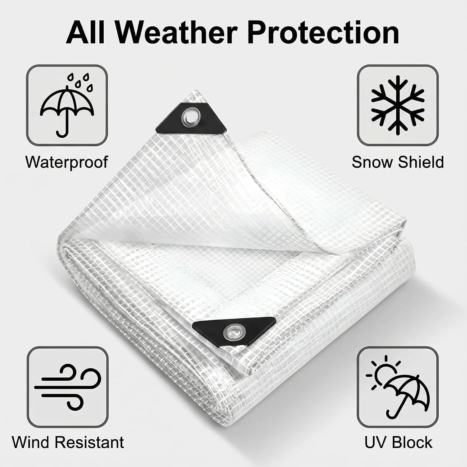 3.7 x 4.7 m Grid Tarpaulin Waterproof 220 g/m² Transparent Truck Tarpaulin with Eyelets Tear-Resistant Grid Film Winterproof Greenhouse Film for Garden Furniture Sandpit Chicken House and Wood
