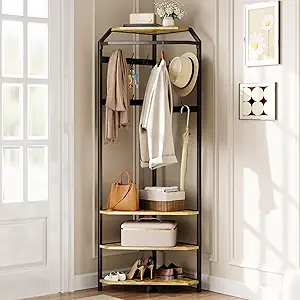 GarveeHome Corner Coat Rack with Shoe Bench Entryway, Corner Hall Tree with 6 Double Hooks, Clothes Rack with Storage Hall Tree with Organizer Shoe Bench Shelf (Vintage 02, 20 * 20 * 71 inch)
