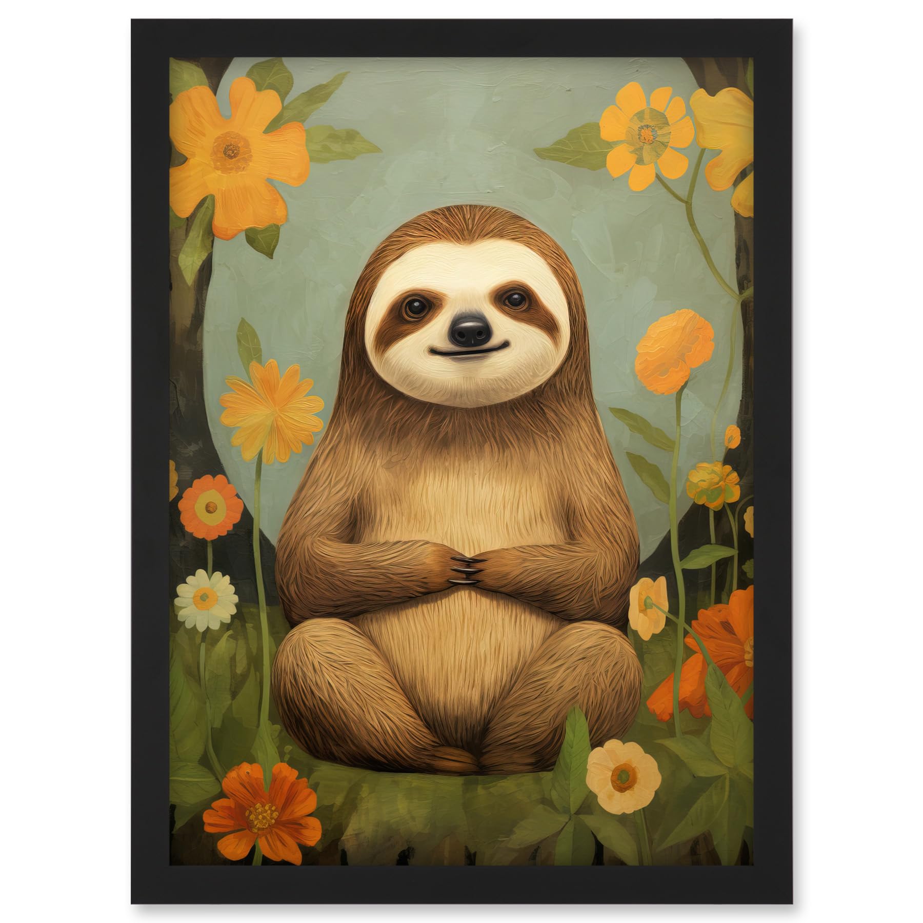 Artery8 Smiling Sloth Meditating in Forest Flowers Kids Bedroom Artwork Framed A3 Wall Art Print