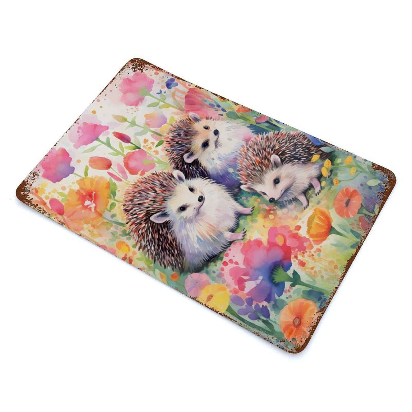 Whimsical Hedgehog 11.8"x7.9" Vintage Rust Metal Sign, Decorative Metal Wall Art for Living Room, Hallway And Home Decor