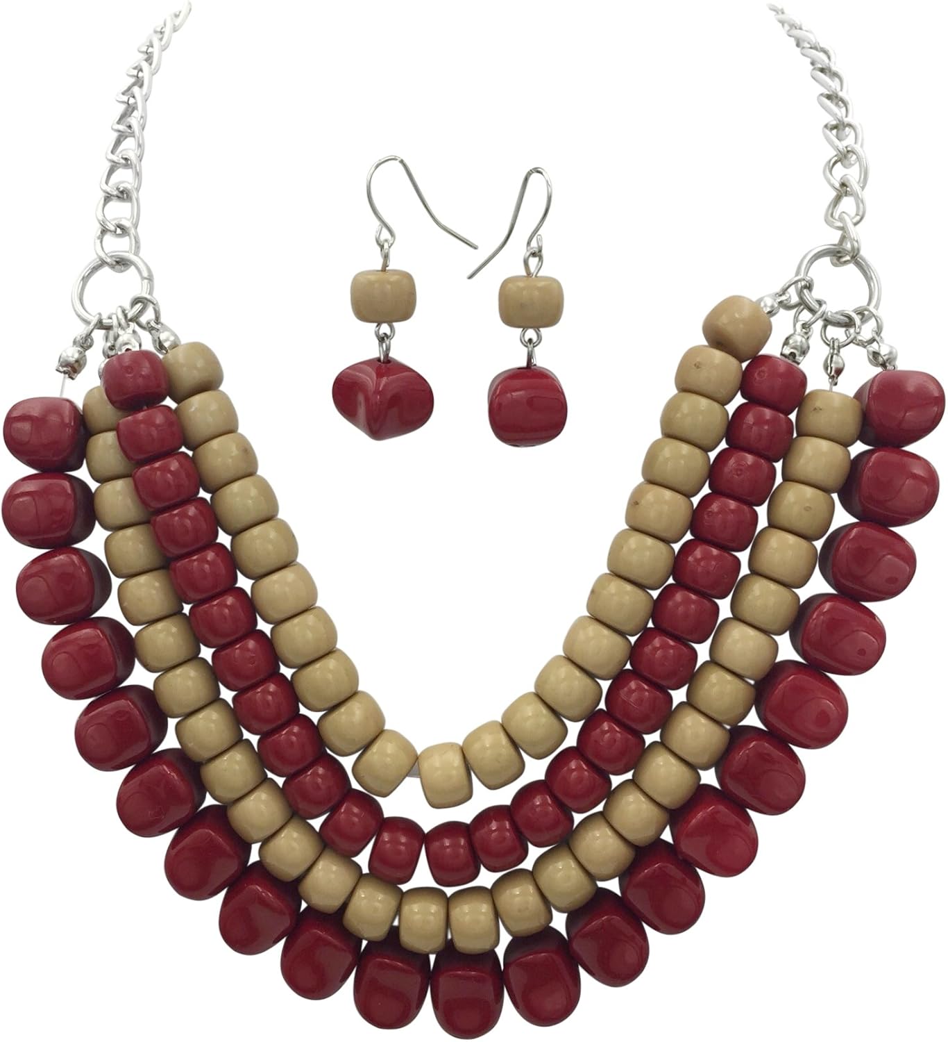 Gypsy Jewels 4 Row Layered Bib Beaded Statement Necklace & Earrings Set (Dark Red & Light Brown)