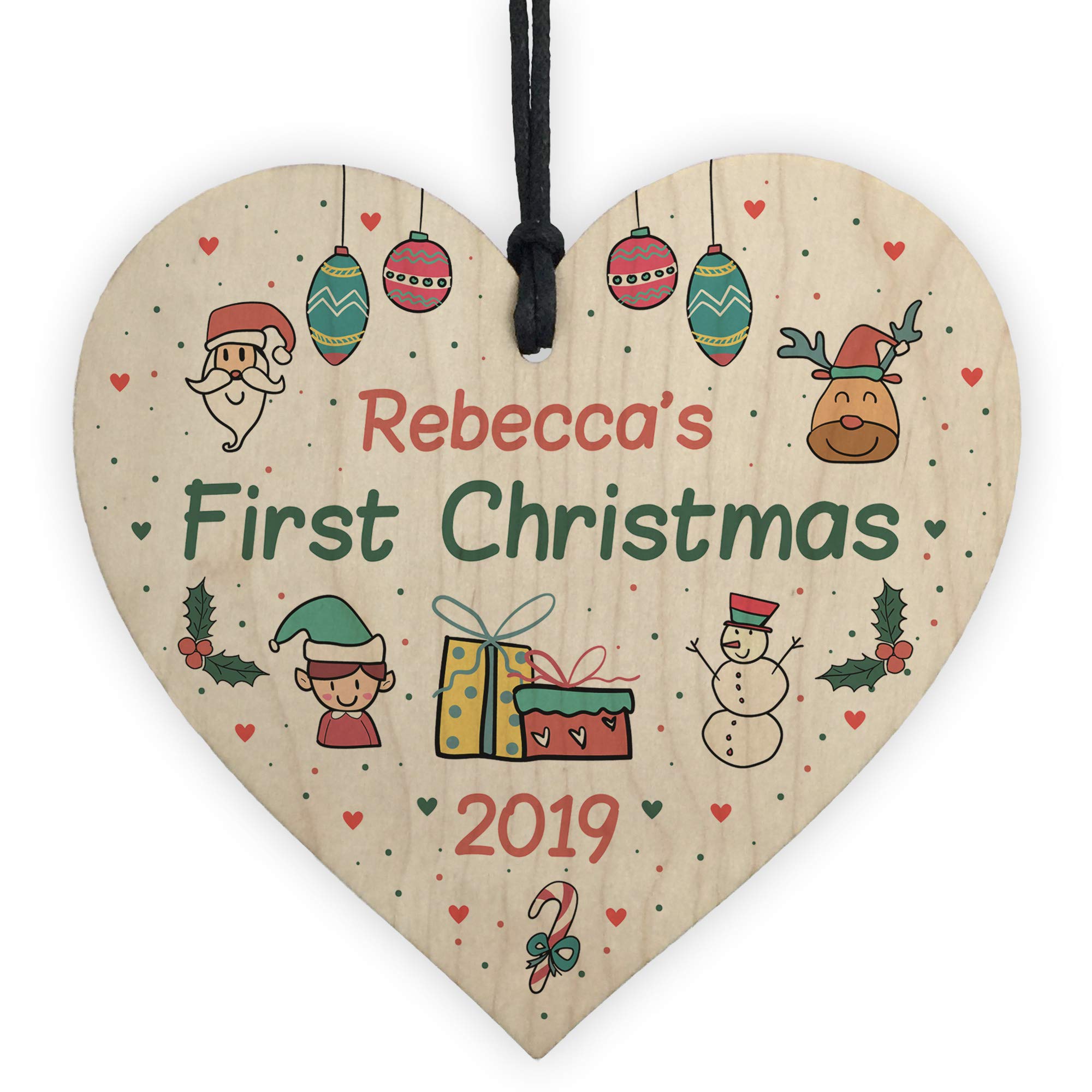 Red Ocean Personalised Baby's First 1St Christmas Bauble Wood Heart Tree Decoration Keepsake