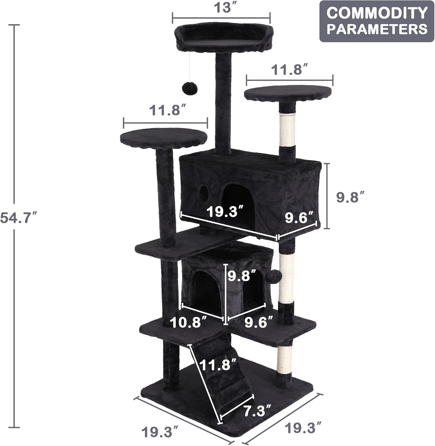 54'' Tall Multi-Level Cat Tree, Furniture With 3 Scratching Posts, 3 Stand Platforms, 2 Condos, Tower With Funny Toys, Corner Tree for Large Cats, Dark Grey