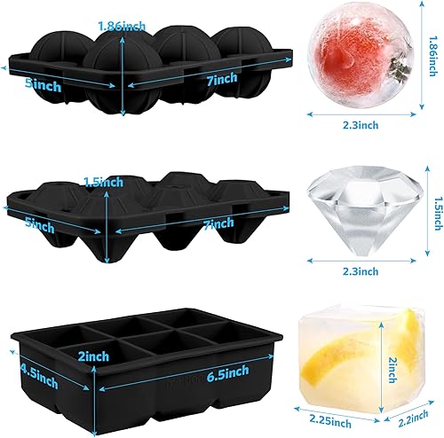 Miniatura 6 de Paquete de 3 bolas de hielo de silicona y bandejas cuadradas de cubitos de hielo de diamante, fácil liberación para enfriar, whisky, vino, cóctel