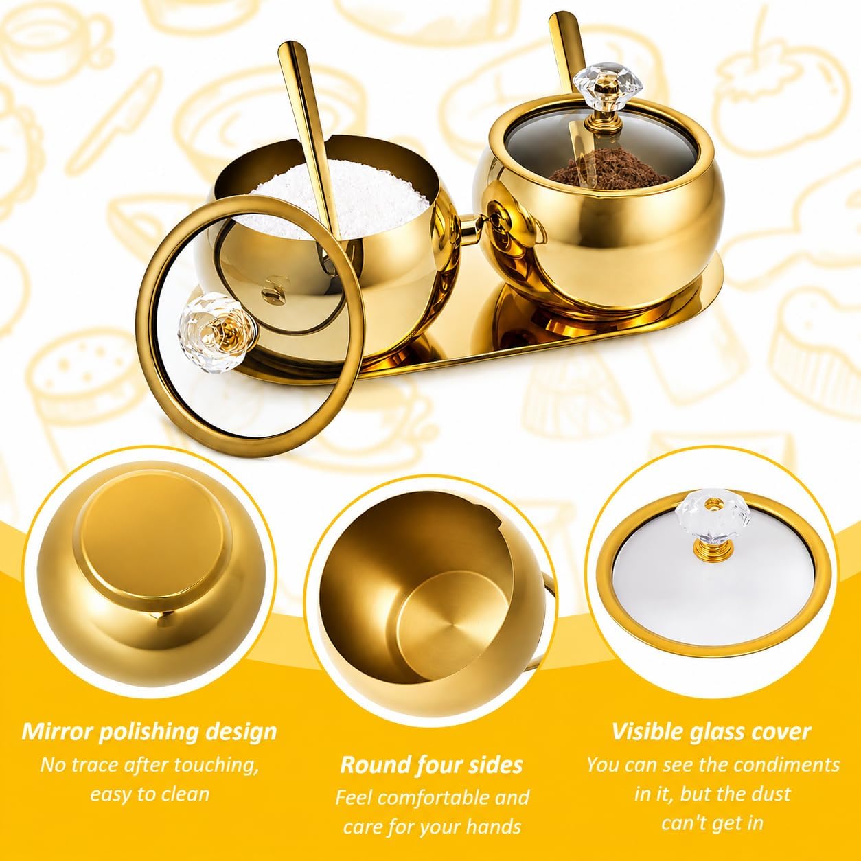 2 Pcs 10 oz Sugar Bowl with Glass Lid, Spoon and Tray, Gold Sugar Container