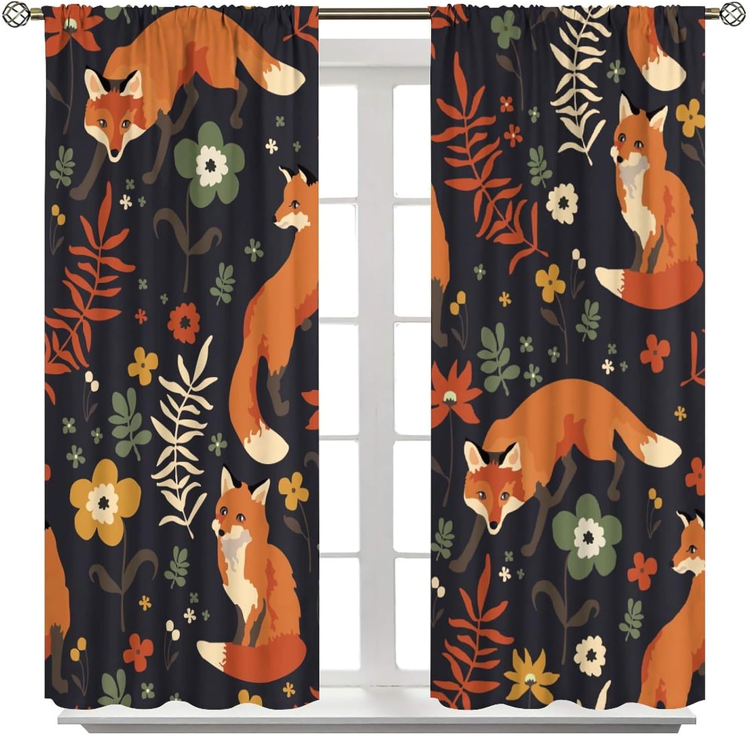 Autumn Fox Curtains Colorful Botanical Floral Leaf Cartoon Cute Animal Fox Orange Art Print for Kids Girls Boys Bedroom Living Room Decor Rod Pocket Blackout Window Drape 42x45in