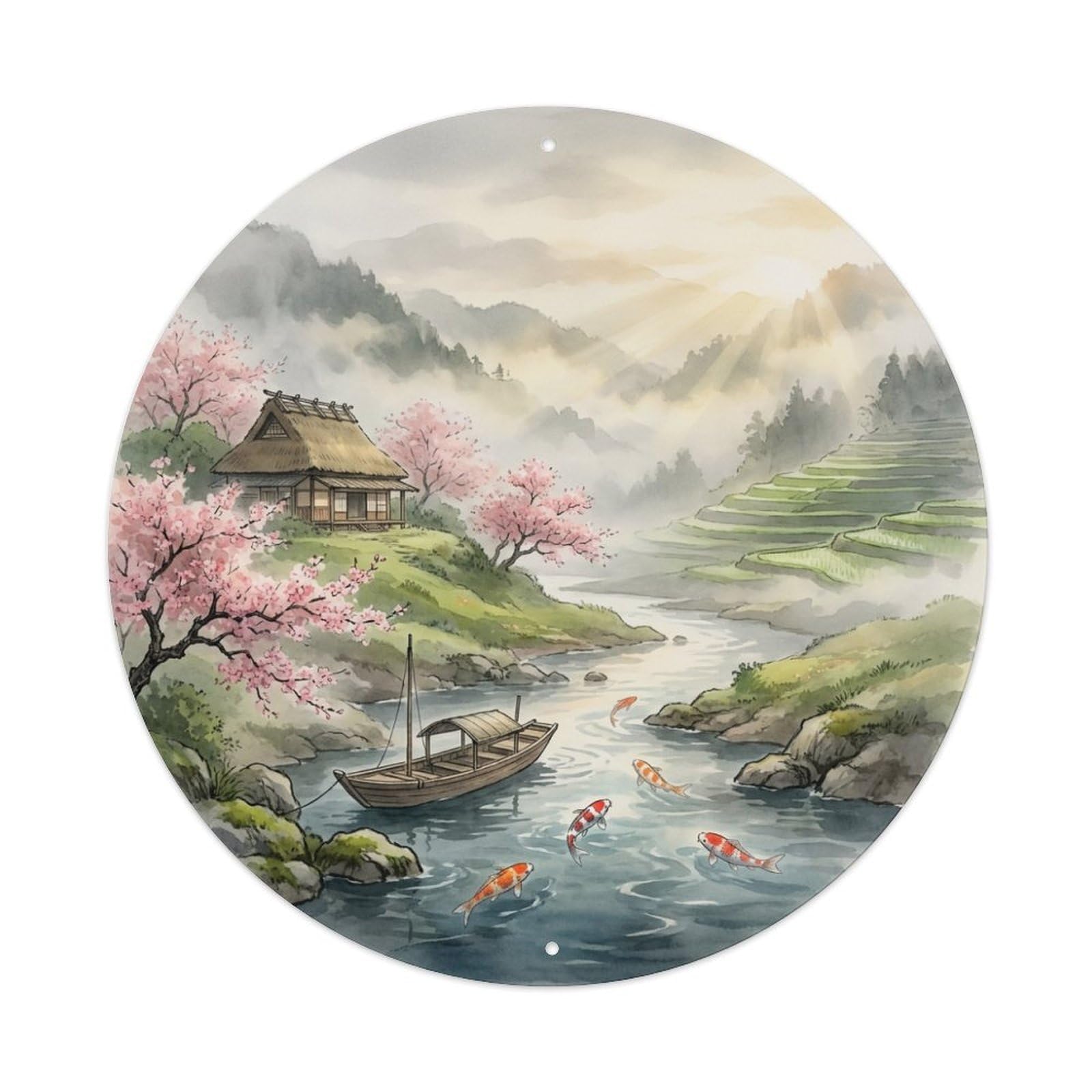 Galvaxio Style Japanese River Valley Koi Fish Misty Morning Metal Tin Sign