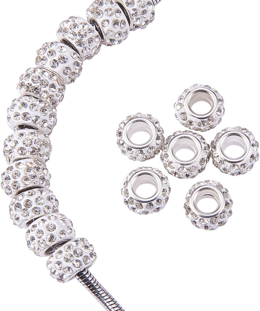 NBEADS 100 Pcs Clear Crystal Rhinestone Large Hole European Beads Pave Clay Rondelle Spacer Beads for European Snake Chain Charm Bracelet