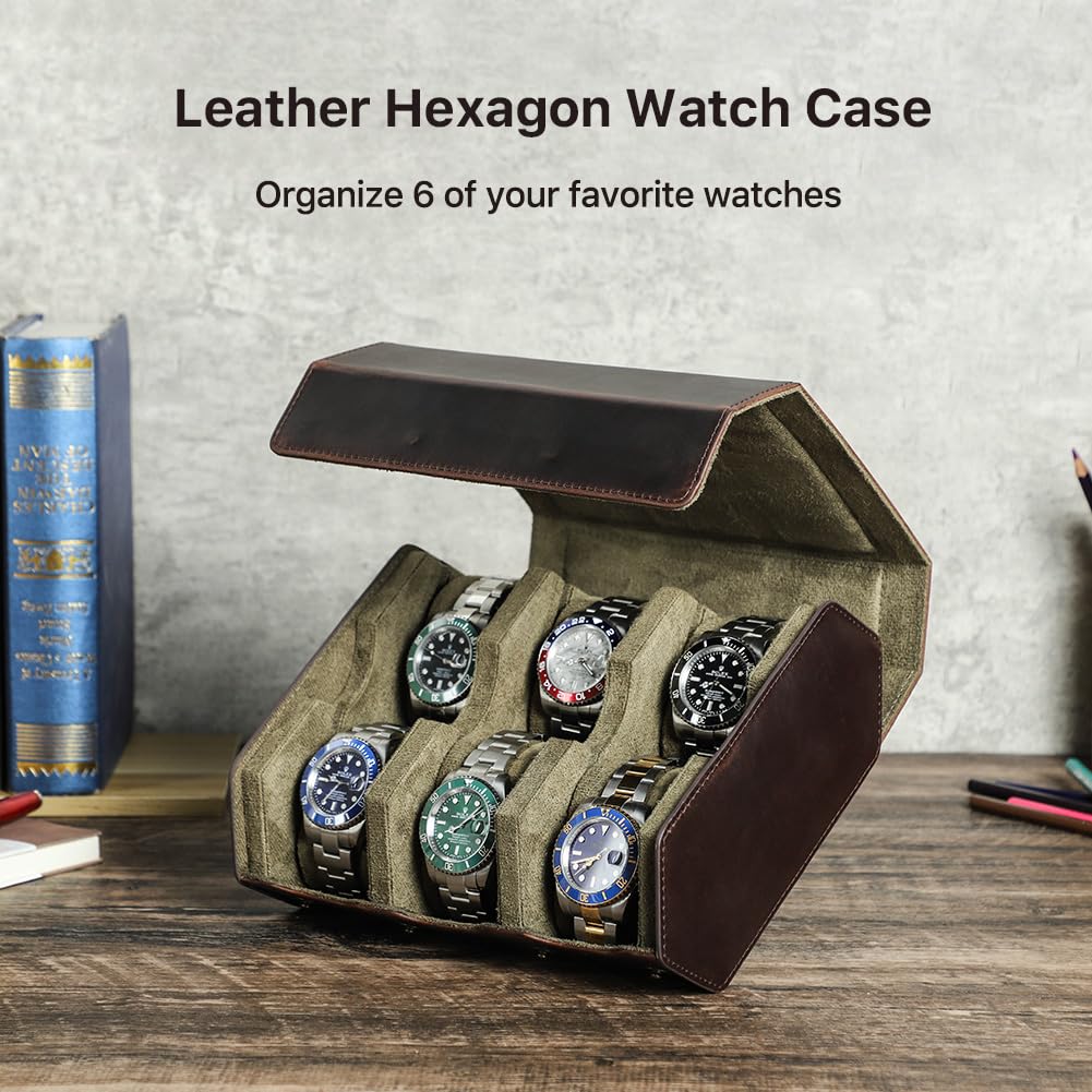 CONTACT'S FAMILY Caja de reloj de piel auténtica, hexagonal de almacenamiento de relojes, estuche organizador de relojes de viaje (6 ranuras, café)