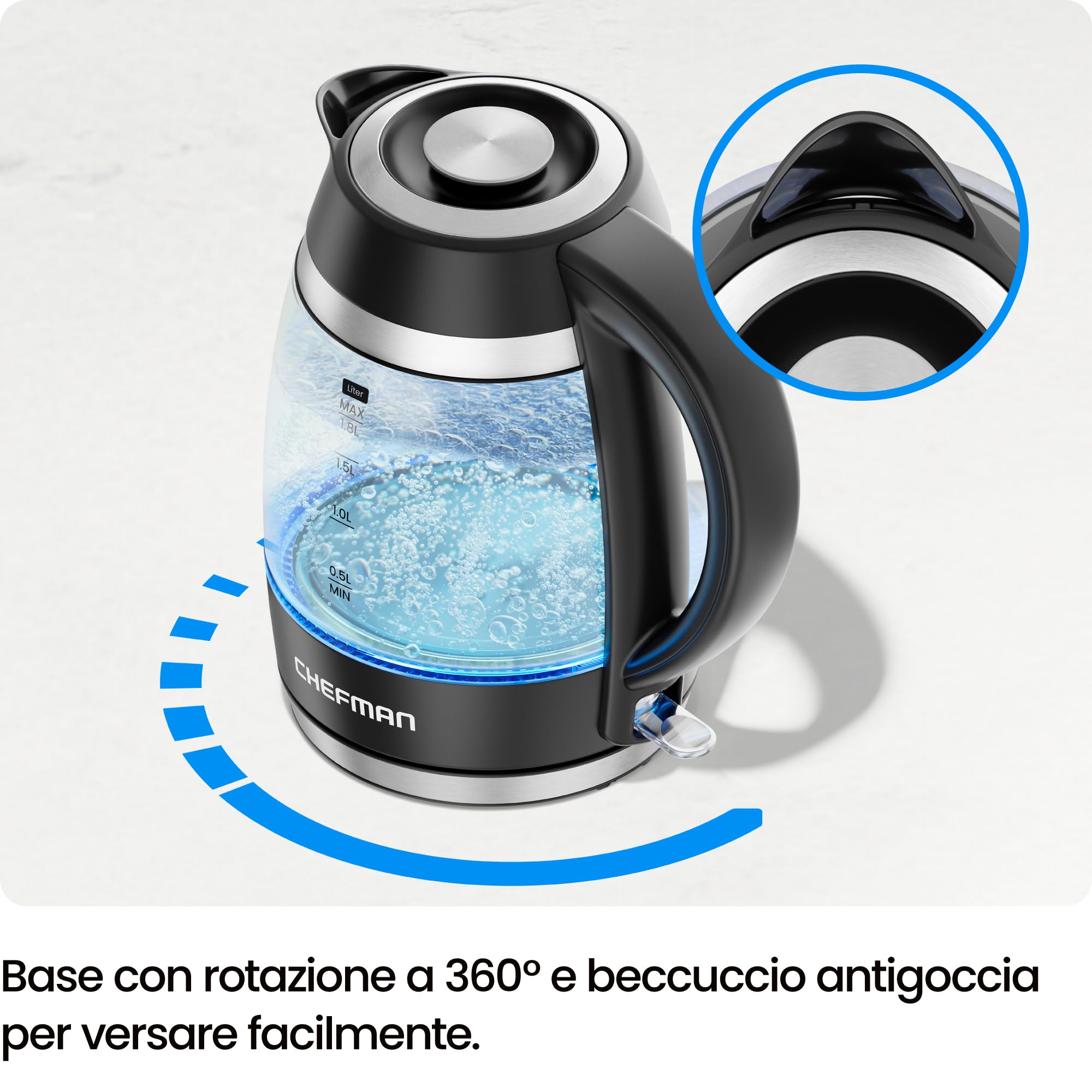Chefman Bollitore Elettrico 1,8L 2200W, Spegnimento Automatico | Coperchio rimovibile, protezione bollitura a secco, filtro in acciaio inox