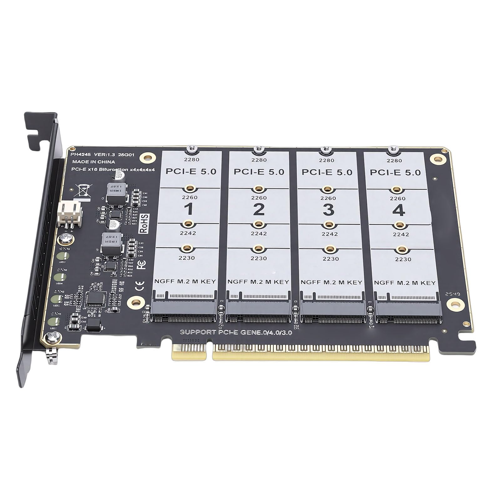 ASHATA Carte Adaptateur M.2 PCIE 5.0, Convertisseur 4 Ports M.2 NVMe SSD vers PCIE X16, Lecteur de Disque Dur, Carte d'extension Interne PC, 4 X 128 Gbit/s, clé, Idéale pour Les Postes de Travail