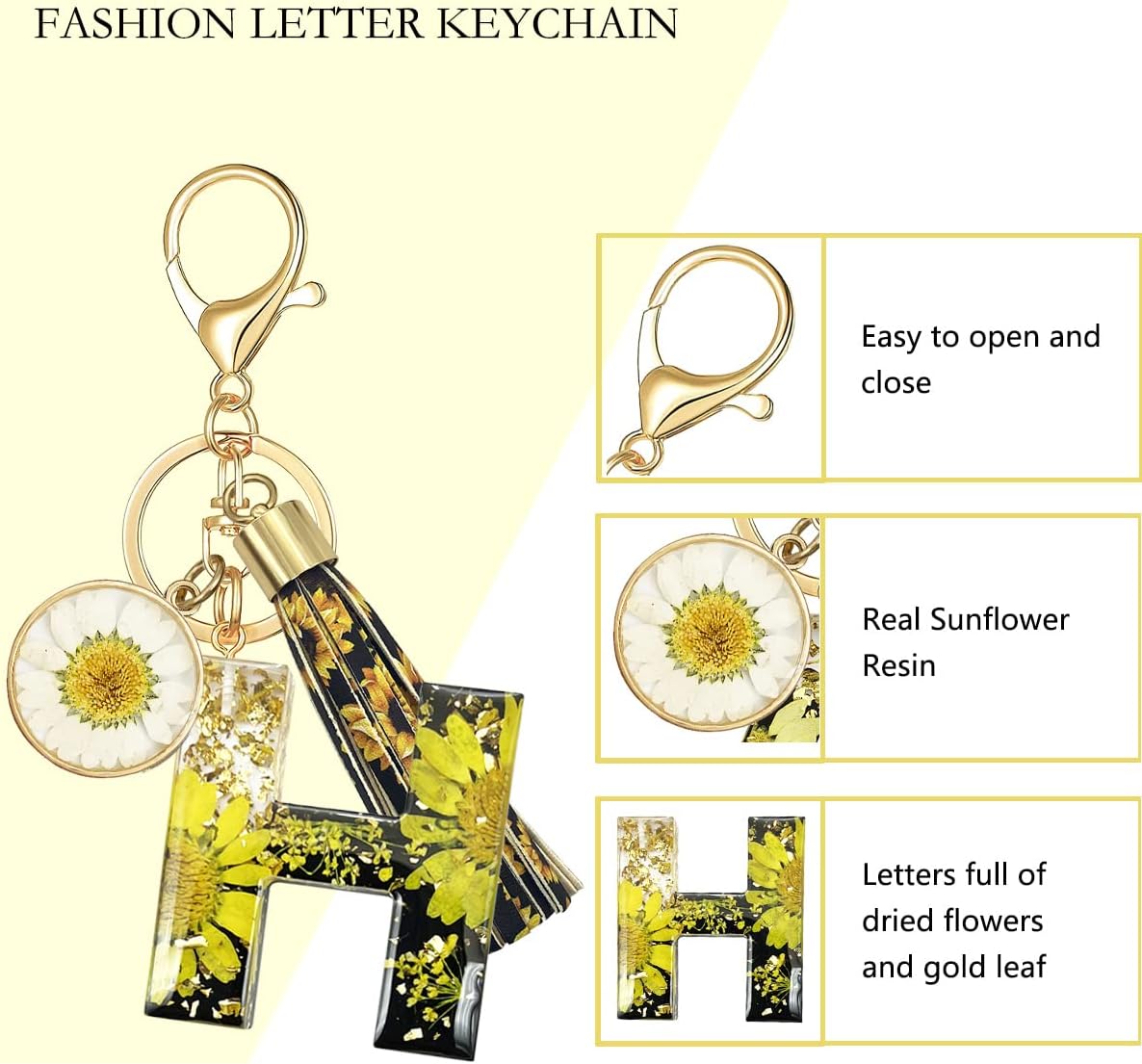 XGALBLA Alphabet Initial Letter Keychain Tassel Sunflower Initial Key Ring for Bag Charm Purse Handbags for Women Girl image 3