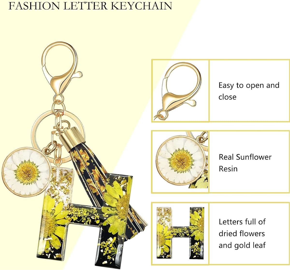 XGALBLA Alphabet Initial Letter Keychain Tassel Sunflower Initial Key Ring for Bag Charm Purse Handbags for Women Girl
