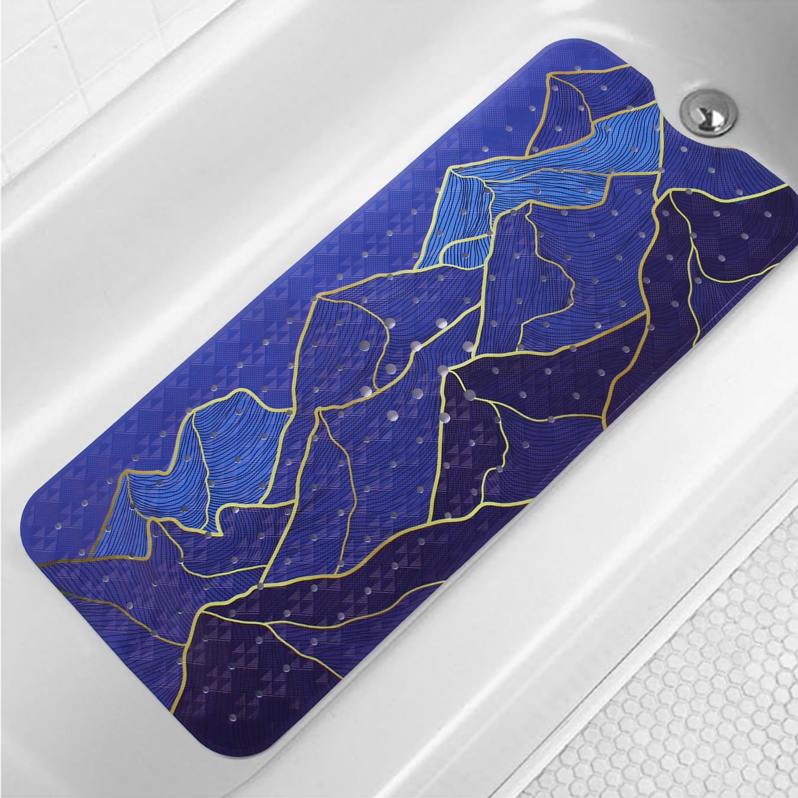 Mountain Bathtub Mat Non Slip 40x16in Gold Line Extra Long Bath Mat for Tub Bohemian Abstract Art Anti Slip Shower Mat for Bathroom with Large Drain