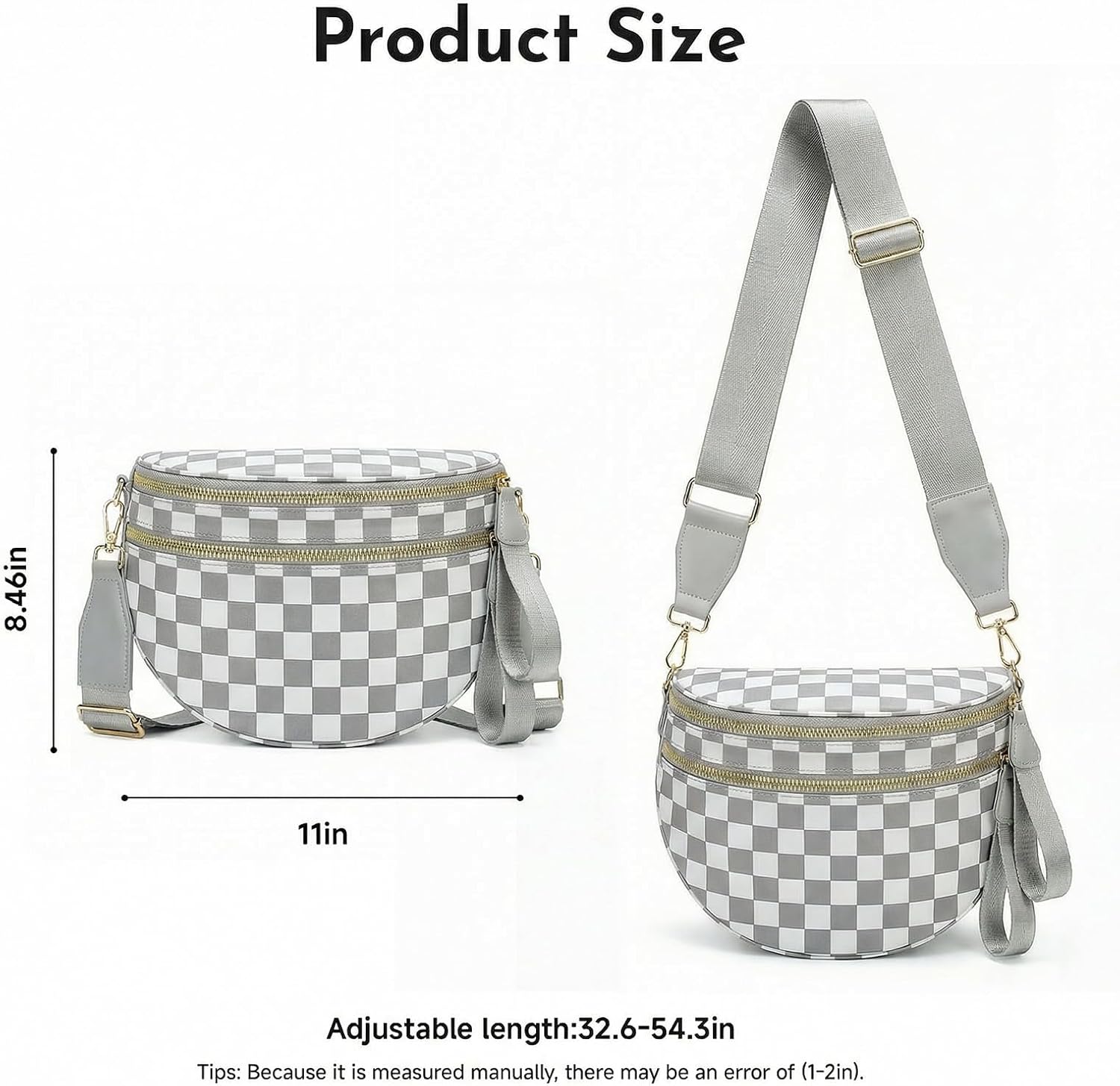 Checkered Crossbody Bum Bags for Women Large Nylon Belt Purse Fanny Packs Bag with Adjustable Shoulder Strap (Gray Checkered)