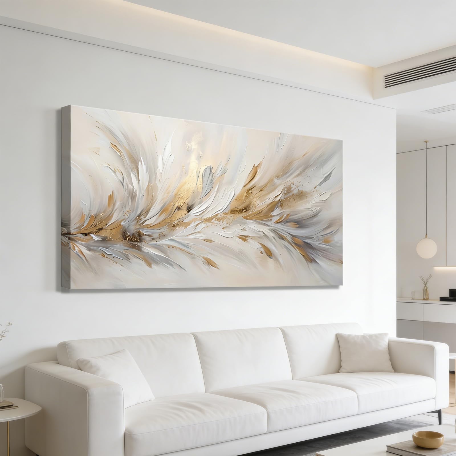 Rumlly Large Abstract Wall Art Modern Elegant Golden Feather for Living Room， Canvas Print Painting Luxury Minimalist Pictures(70x140cm/Frameless)