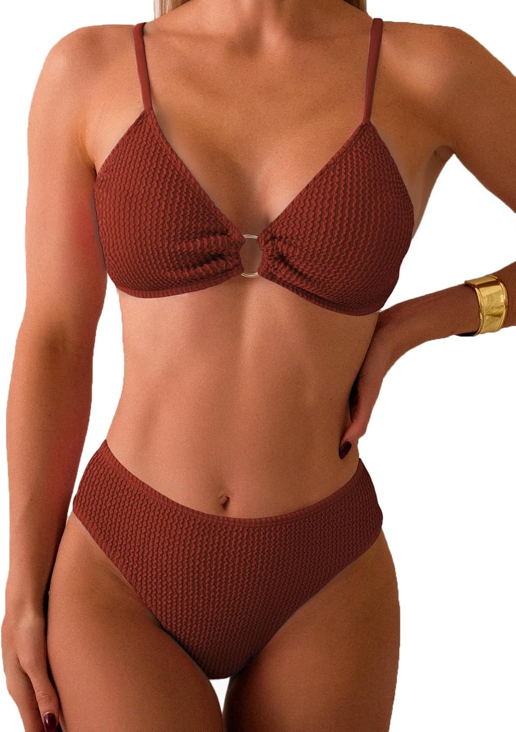 Fanuerg Women's Ribbed Triangle Bikini Sets O Ring Linked Two Piece Swimsuit Textured Cheeky Swim Bathing Suit