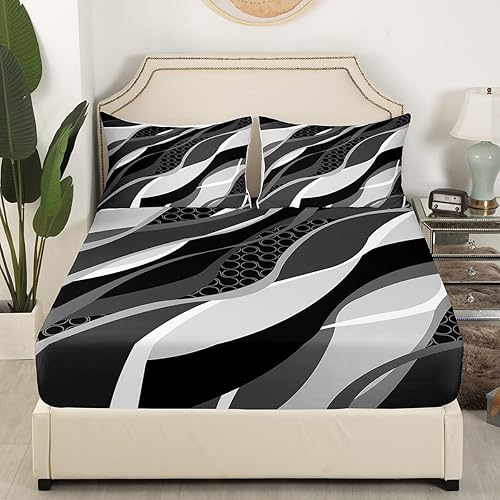 Miniatura 3 de Manfei Juego de sábanas de tamaño matrimonial color negro y gris, juego de sábanas circulares de rayas onduladas abstractas de 4 piezas con sábana