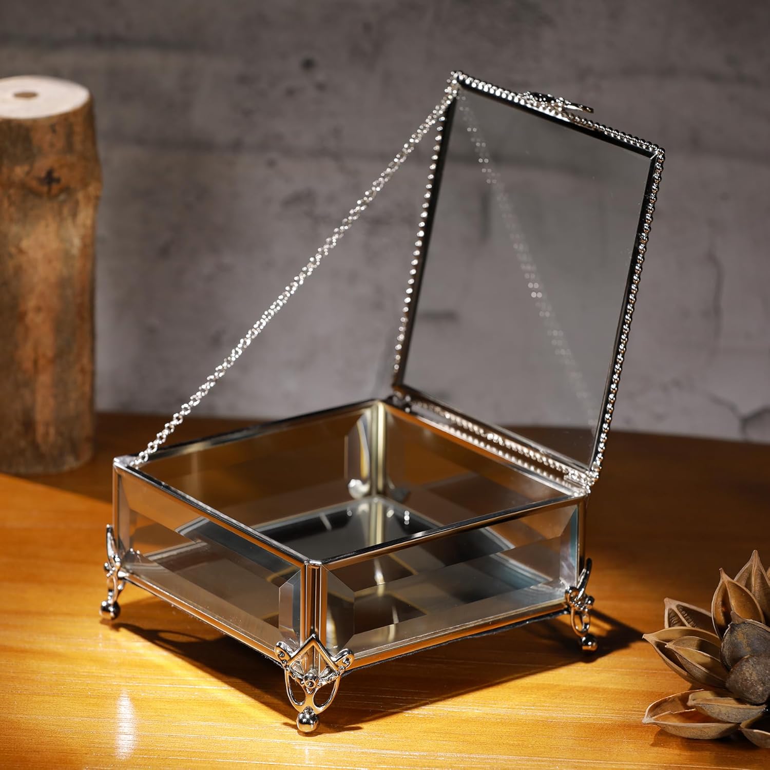 Glass Vintage Jewelry Box Keepsake storage Trinket Ring Display Box Home Decor Beveled Clear Glass Box Organizer(5.2x5.2x2.7Inches)