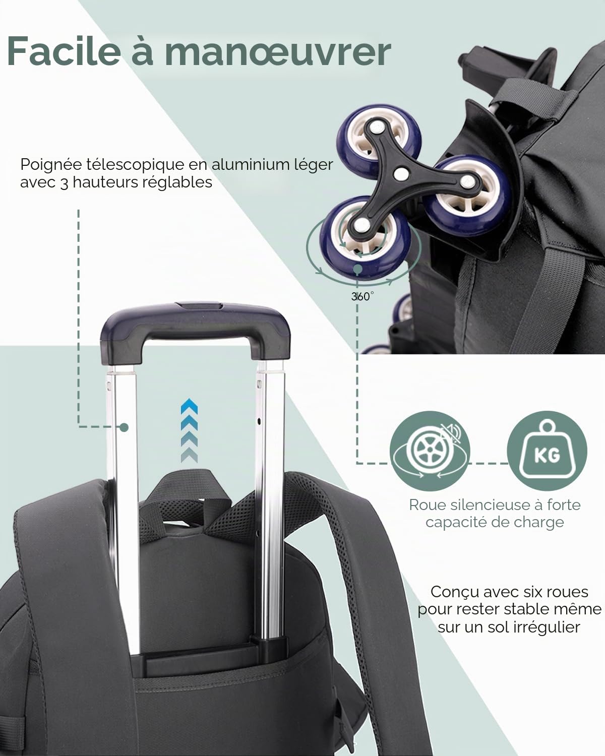 Tanou Cartable a Roulettes pour Garçons, Sac à Dos Scolaire avec 6 Roues | 30L, Imperméable Trolley Daypack Adolescents Décontracté pour le Collège et le Lycée, Gris