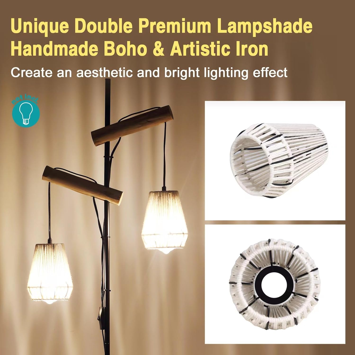 2W-BohoFloor Lamps Boho Farmhouse Hanging Floor Lamp in Natural Cotton Rope,Bohemian Lampshade Handmade Rustic Stylish Floor Lamps for Bedroom Living Room Office Home Décor