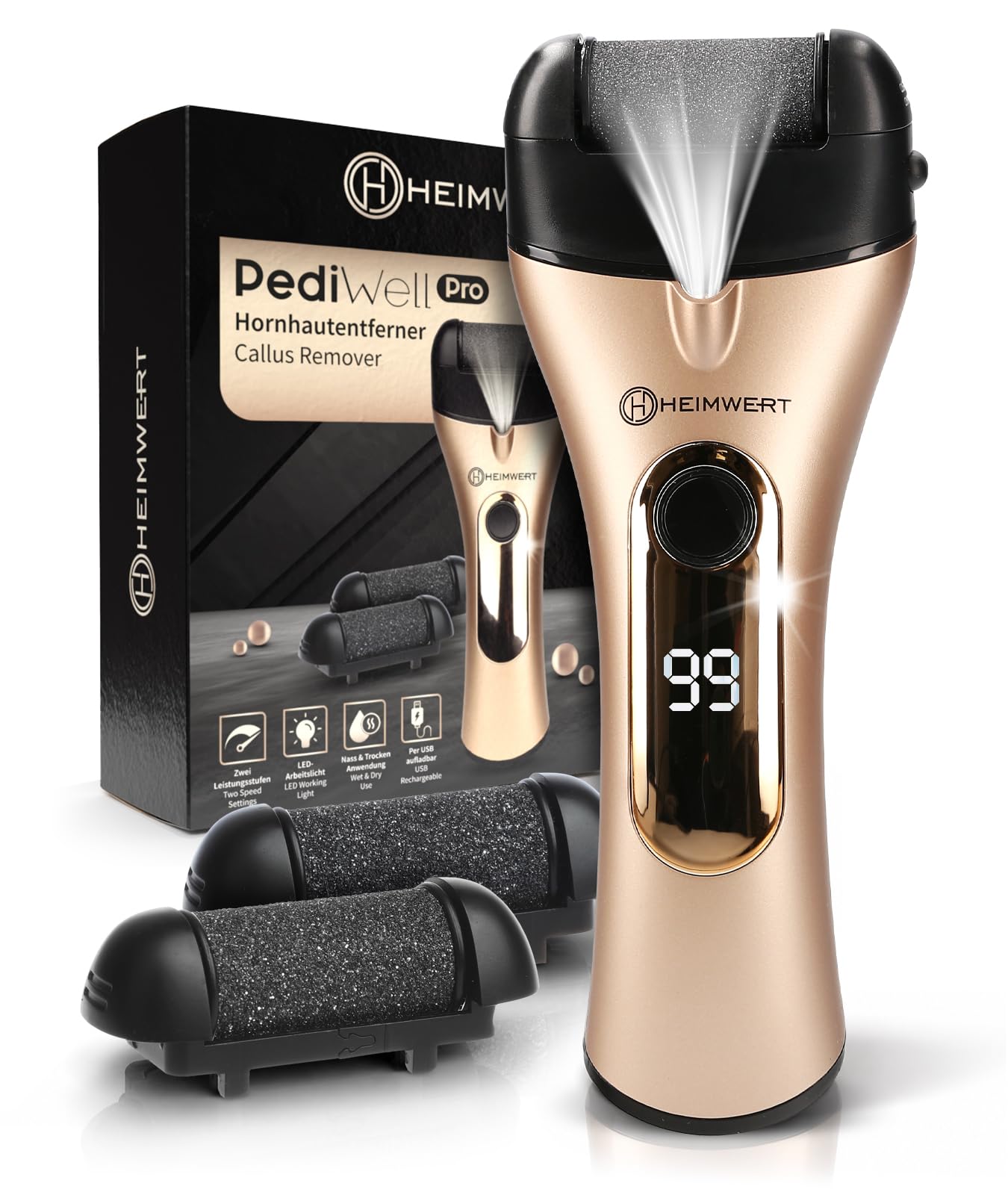Heimwert PediWell Pro - Eliminador de callos eléctrico con diamante, motor extrapotente, húmedo/seco, batería de alto rendimiento y luz para eliminar rápidamente callos de los pies (dispositivo)