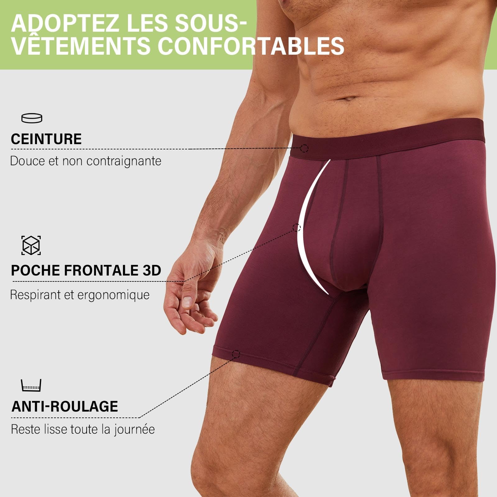 PUTUO Boxers Homme Longs en Bambou: Lot de 6 sous-Vêtements Ultra-Doux Confortables sans Étiquette avec Poche 3D - Idéal pour Peaux Sensibles Sport Travail et Usage Quotidien