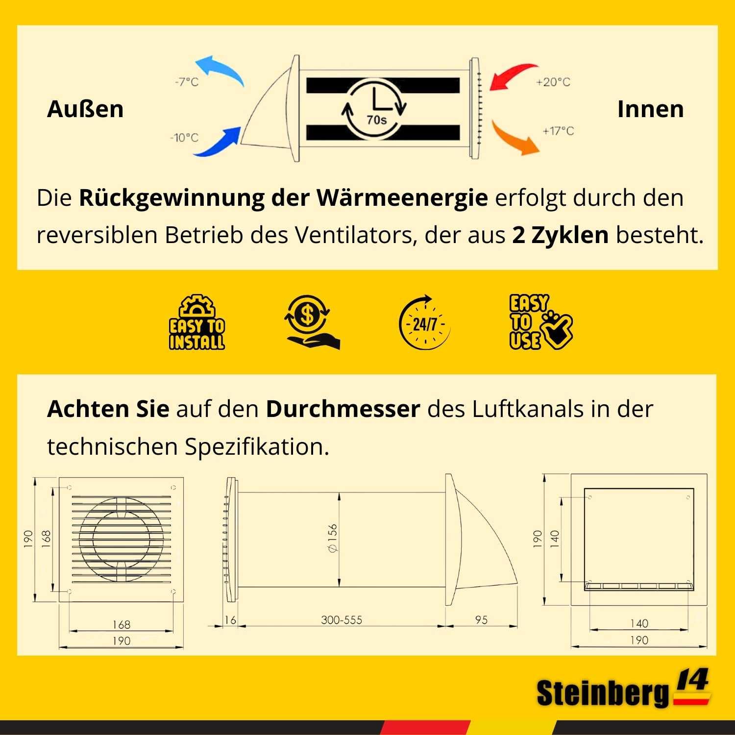 Steinberg14 Weiß 150mm Dezentrale Lüftung mit Wärmerückgewinnung - Rekuperator mit Kabel und Zugschnur - Wandlüfter mit Wärmetauscher - Raumbelüftung Wohnraumlüftung Belüftungssystem Lüftungsanlage