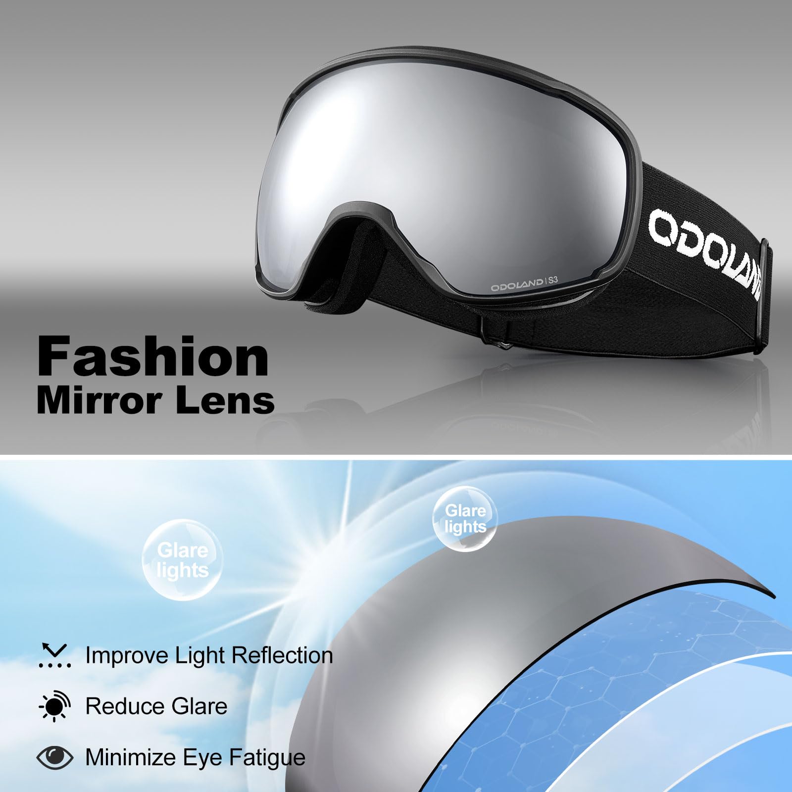 Odoland Lunettes de Ski Masque de Snowboard pour Homme & Femme Anti-UV400, Anti-Buée, Coupe-Vent, Lunettes de Protection avec Grande Lentille OTG Sphérique