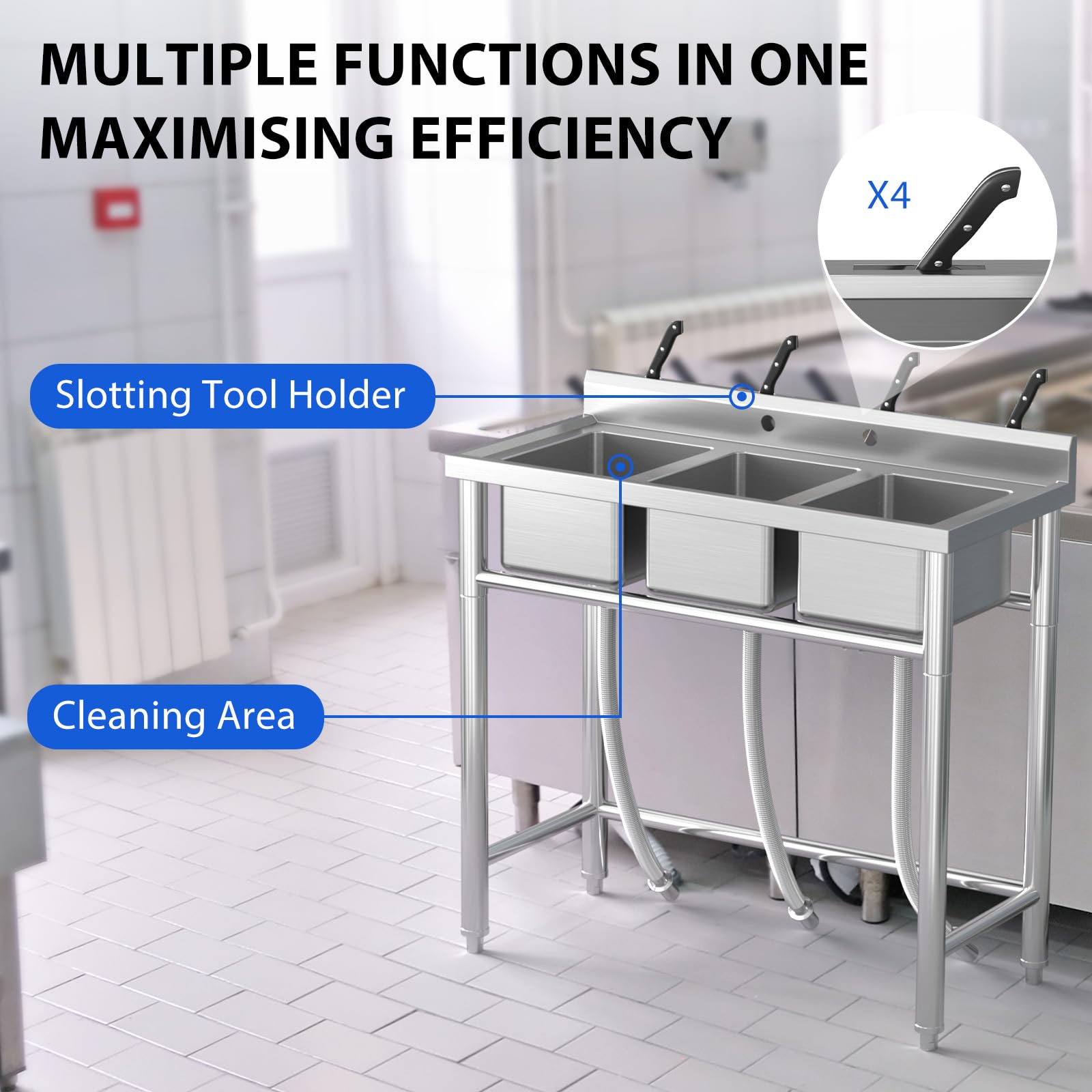 Zstar Stainless Steel Sink, 3-Compartment Freestanding Sink, NSF Certificated, Commercial Kitchen Utility Sink for Garage, Restaurant, Backyard for Indoor Outdoor (33 Inch)