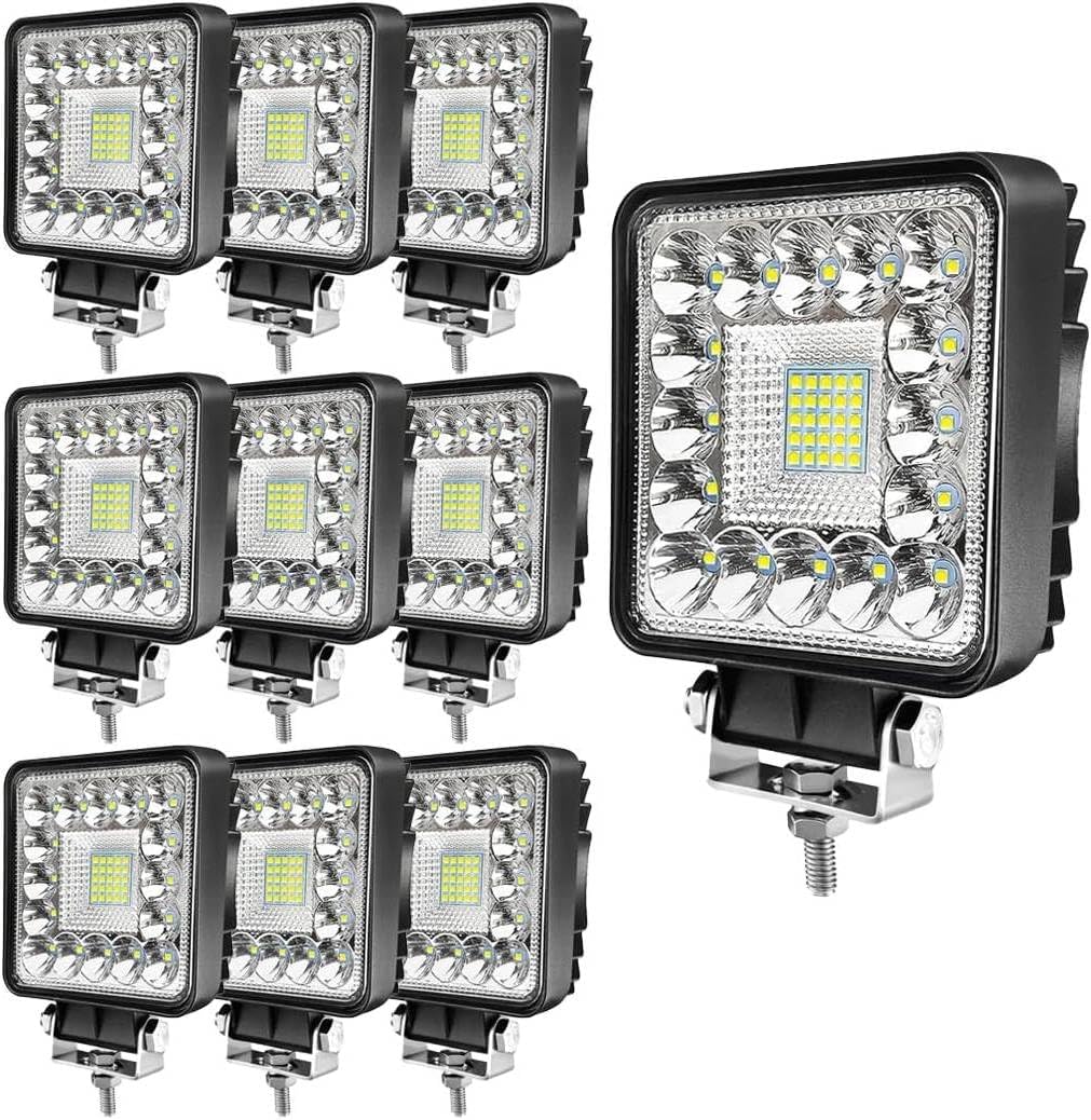 LED Tractor Work Light 4 Inch 123W 12V 24V Square Light Bars Spot Flood Off Road Lights Led Pods Driving Fog Light for Truck Trailer Vehicle Golf Car RV Boat, 10Pcs