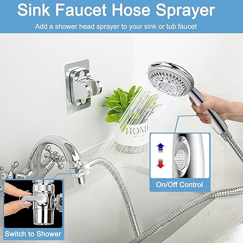 Miniatura 4 de Accesorio rociador de cabezal de ducha para grifo, encendidoapagado de 79 pulgadas, extensor de manguera con 5 adaptadores, válvula desviadora de