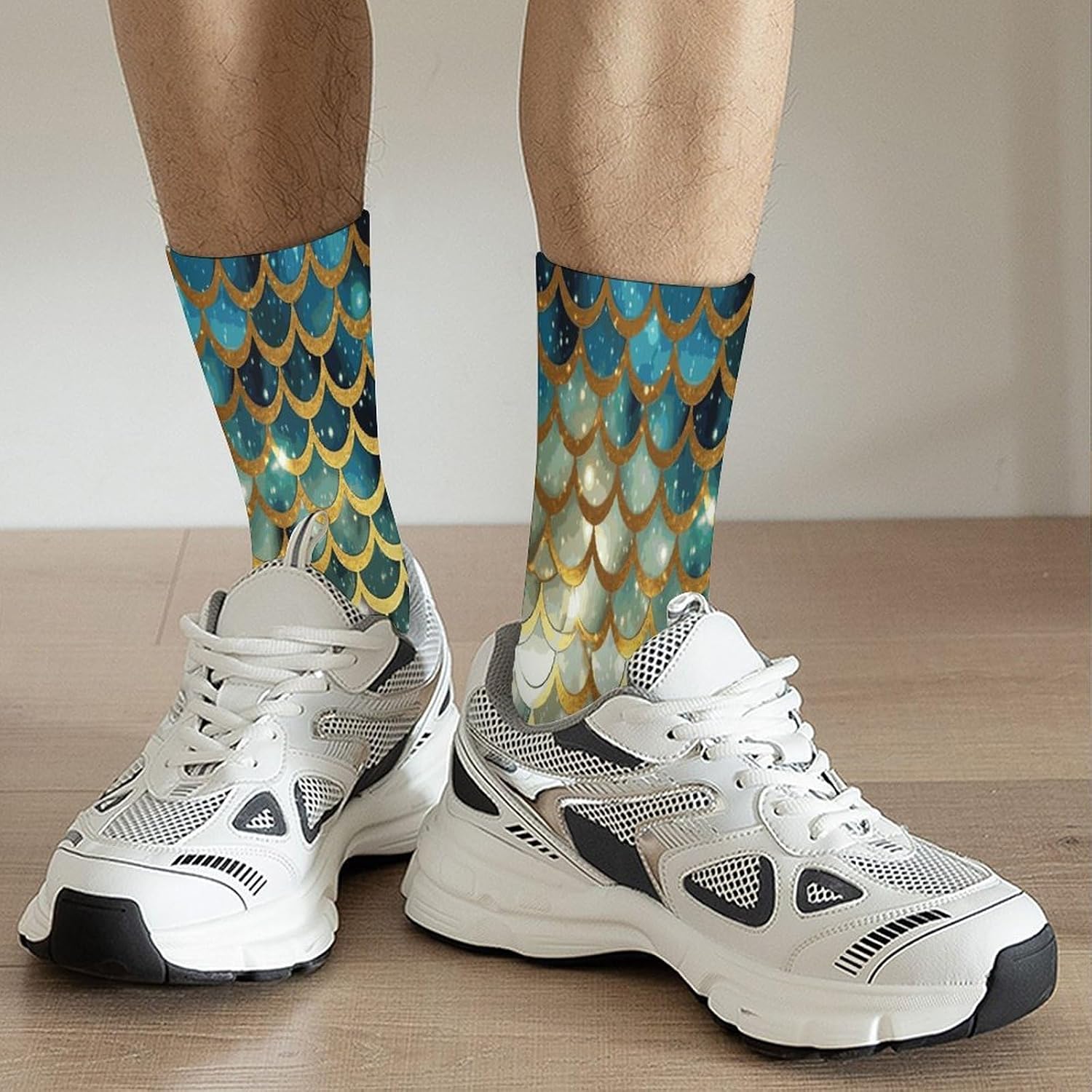 Golden Glittering Fish Scales Crew Sock High Stocking Grippy Socks | Socks for Men & Women,Stockings-Long Thin Tube Sports, Breathable Soft Athletic for Nurses,Travel