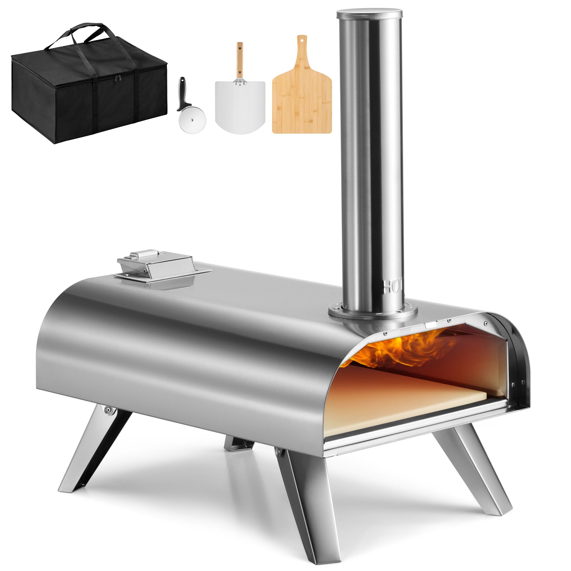 VonHaus Pizza Oven Outdoor โ For Tabletop with Accessories, Peel, Chopping Board, Cutter, Storage Bag โ Stainless Steel, Pellet Fuelled, Removable Chimney, Foldable Legs โ For up to 12โ Dough