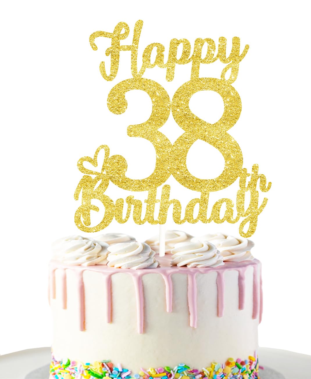 Guoguonb Topper Per Torta Happy 38° Compleanno – Decorazione Oro Con Cuori E Stelle Glitter Per 38 Anni, Per Donne E Uomini