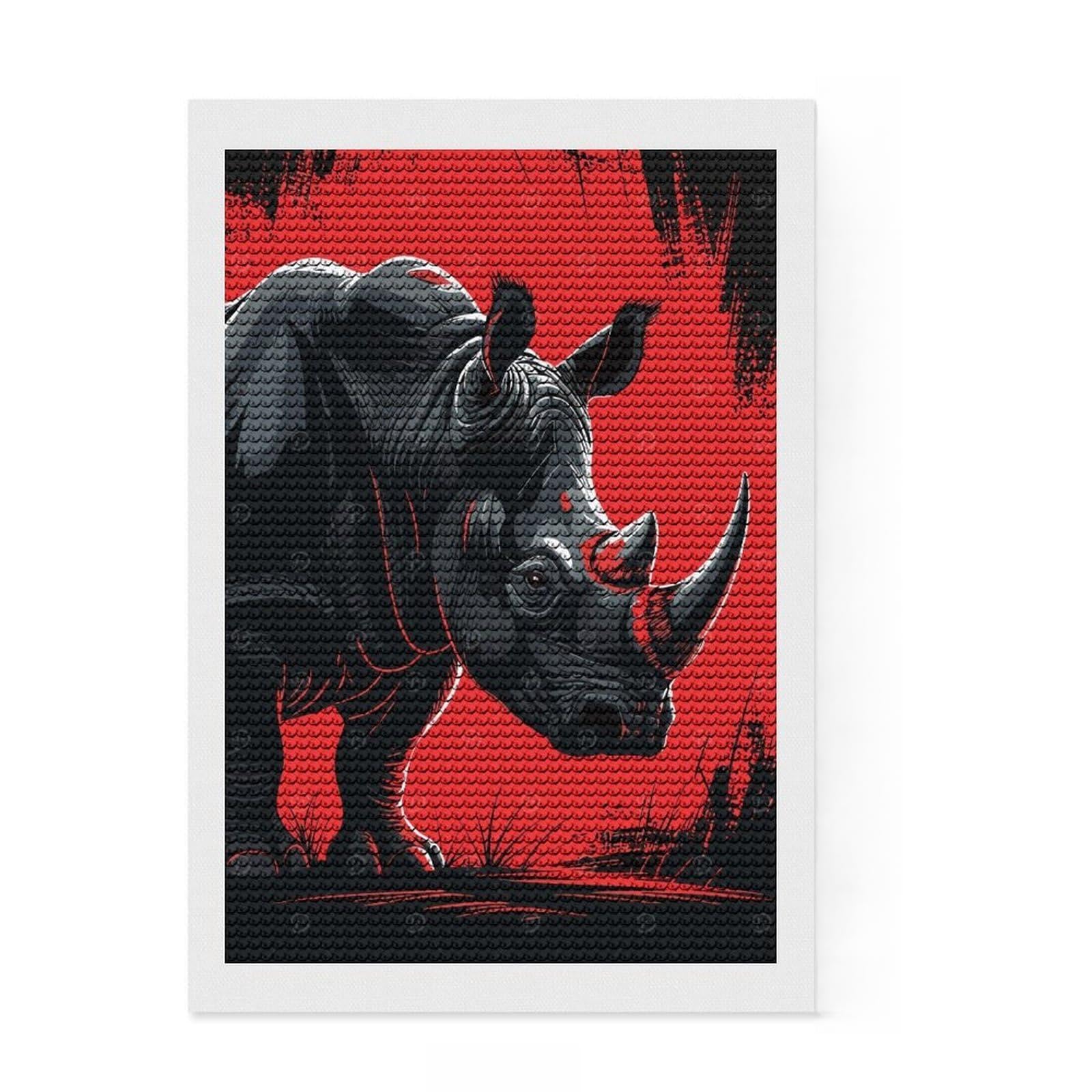 Junmoney Stylized Rhino Illustration on Red Background Diamond Style Art Kit 8"x12", Winter Craft, Gift Idea, Farmhouse Decor, Thoughtful Present, Office Decor