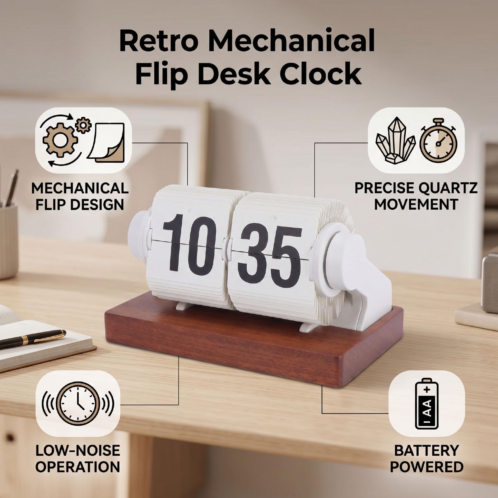 Reloj de Escritorio Retro con Volteo, Reloj Mecánico con Automático de Páginas, Números Grandes, Funcionamiento a Batería, Movimiento de Cuarzo Silencioso (White)