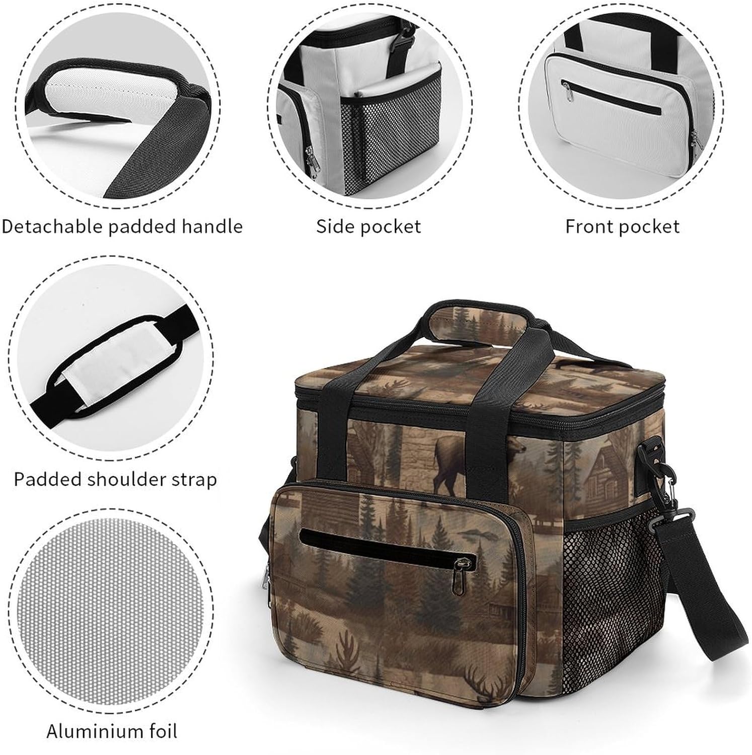 Large-Capacity Oxford Cloth Rustic Lodge Bear Moose Printed Camping Ice Bag, Outdoor Portable Insulation and Cold Storage Bag, Enjoy A Cool Camping Time